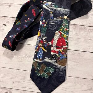 Town Craft Mens Navy Blue Silk Christmas Santa Claus Holiday Necktie Tie